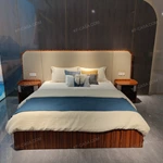 Soft Beige Upholstered Bed with Natural Wood Veneer Trim & Integrated Ambient Lighting